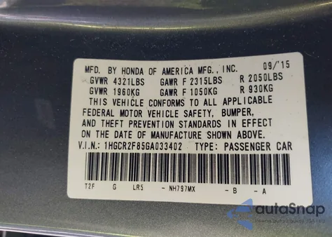 2016 Honda Accord Ex-L from USA, damaged, VIN 1HGCR2F85GA033402